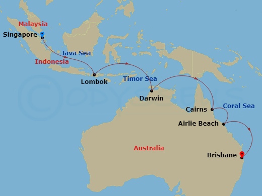 Singapore to Brisbane cruise itinerary map